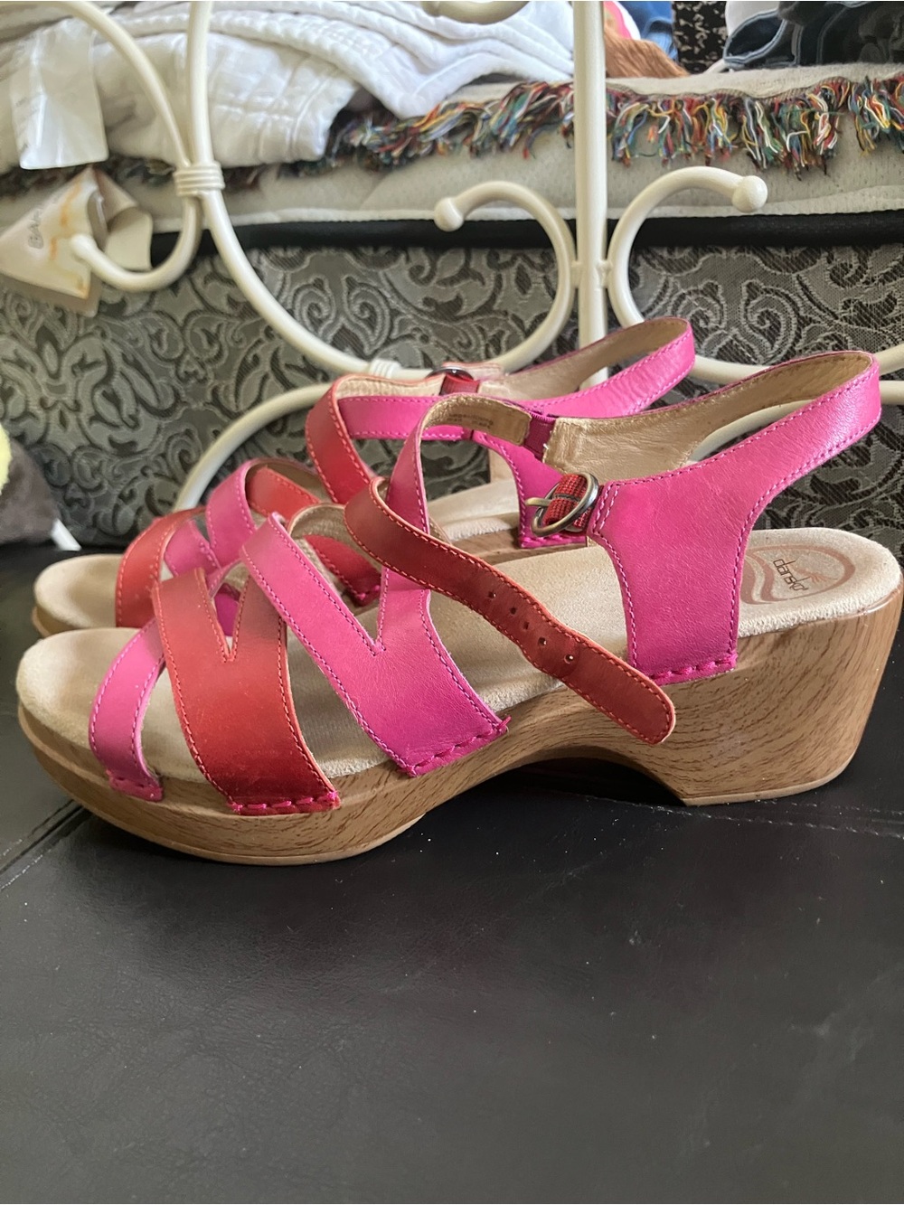 Dansko Pink and Red Two-Tone Leather Wedge Sandals - Picture 2 of 5